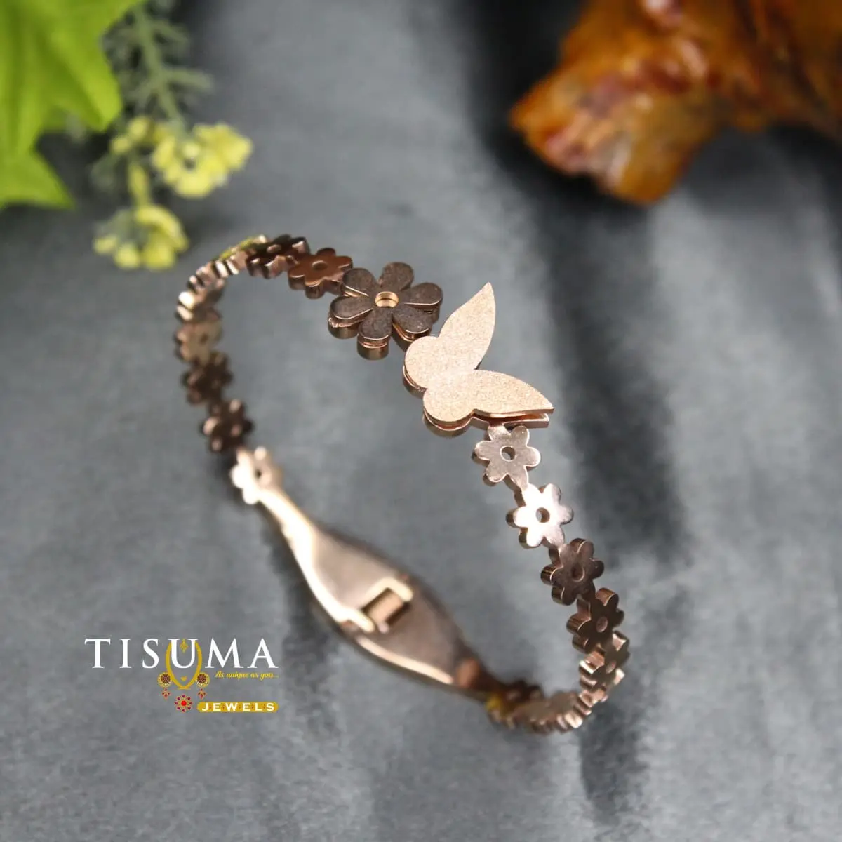 Frosted Butterfly Floral Blossom Rose Gold Anti-Tarnish Kada Bangle